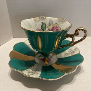 Vintage Japan Teacup and Saucer Set in Emerald Green with Gold Trim